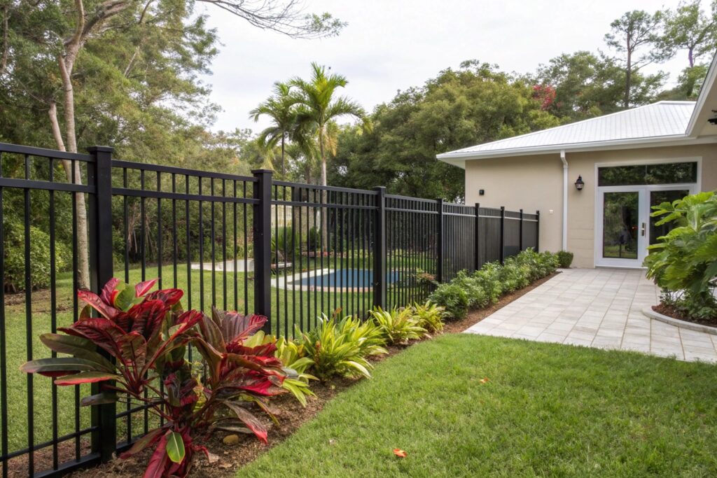 Sleek Black Aluminum Fence Surrounding a Pool