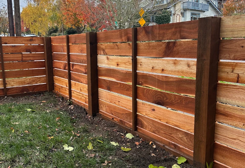 Horizontal cedar fence installed at a residential property in Seattle, WA