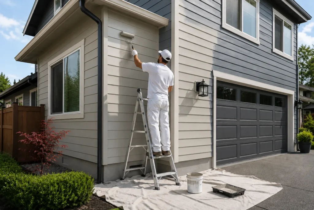 Professional exterior house painting project in Seattle with painter applying fresh paint to modern residential siding
