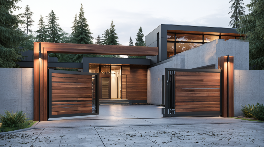 Modern motorized cedar driveway gate installed outside a luxury Seattle home