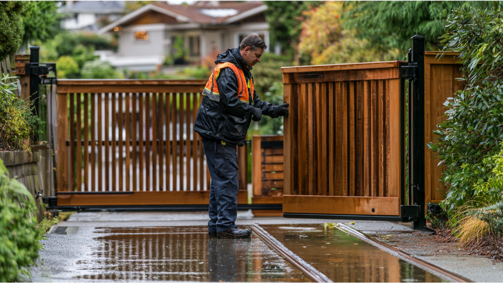 Professional maintenance of an automatic driveway gate during Seattle weather