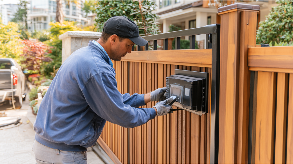 Existing cedar driveway gate being upgraded with an automatic gate opener